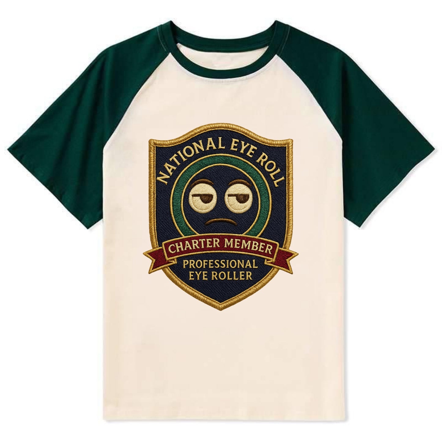 Crest with eye roll icon - "National Eye Roll Association - Charter - Contrast Raglan T-shirt - Green