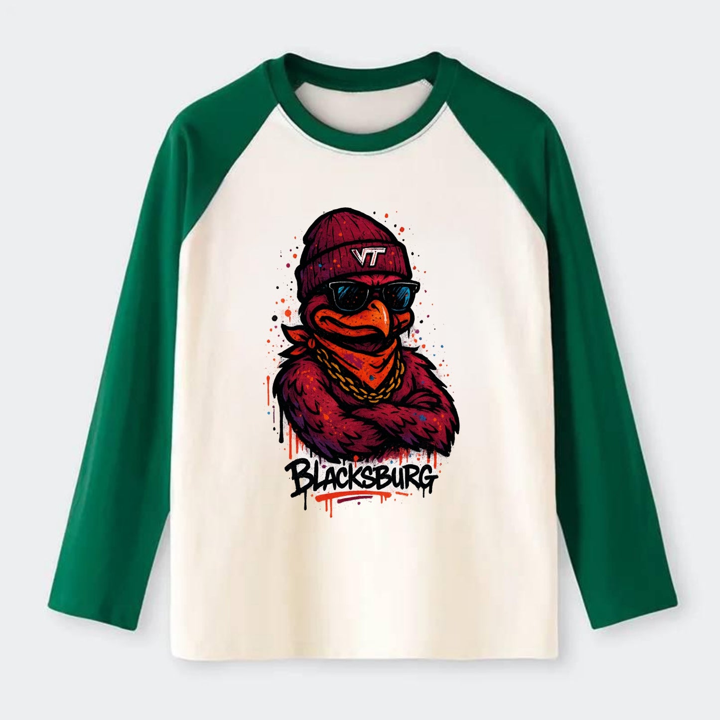 Blacksburg HokieBird wearing Virginia Tech beanie with VT patch - Raglan Long Sleeve T-Shirt - Green