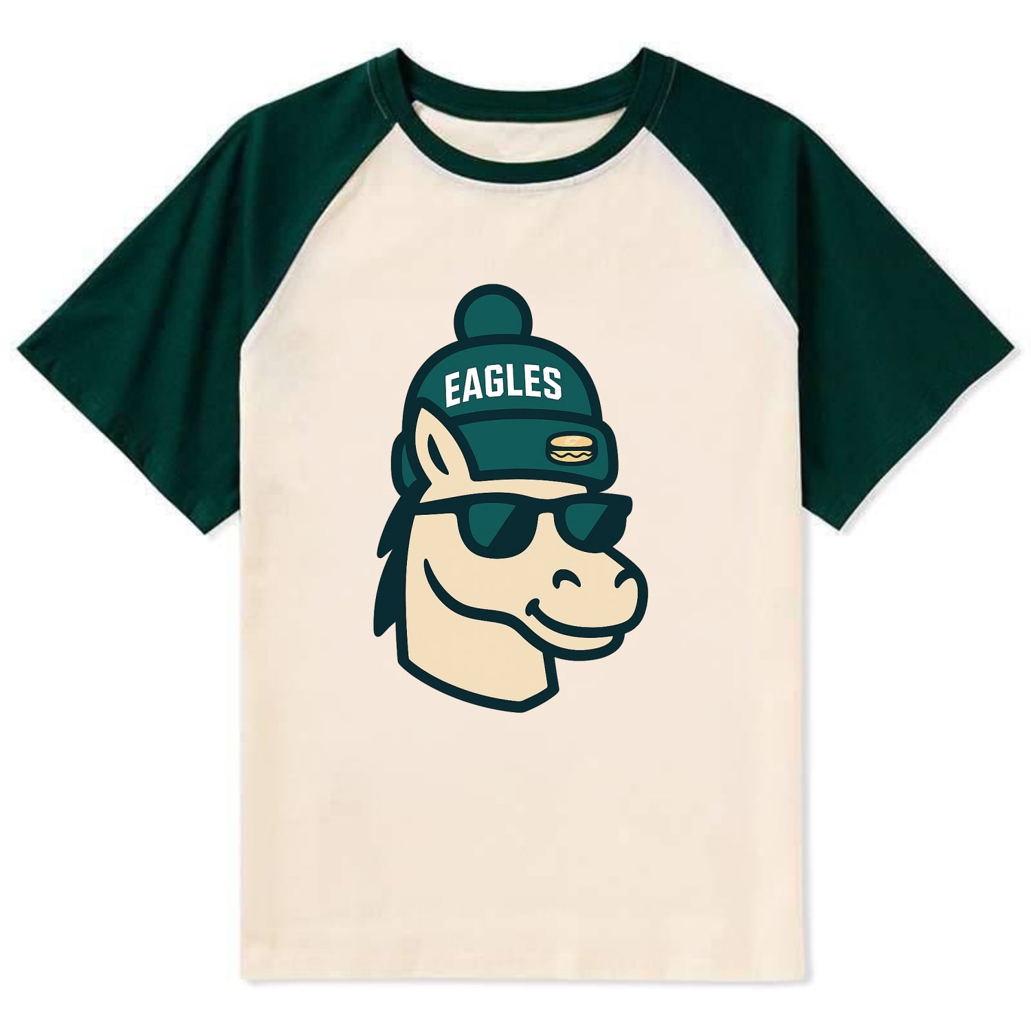 Philadelphia Horse wearing Eagles beanie with cheesesteak patch and - Contrast Raglan T-shirt - Green