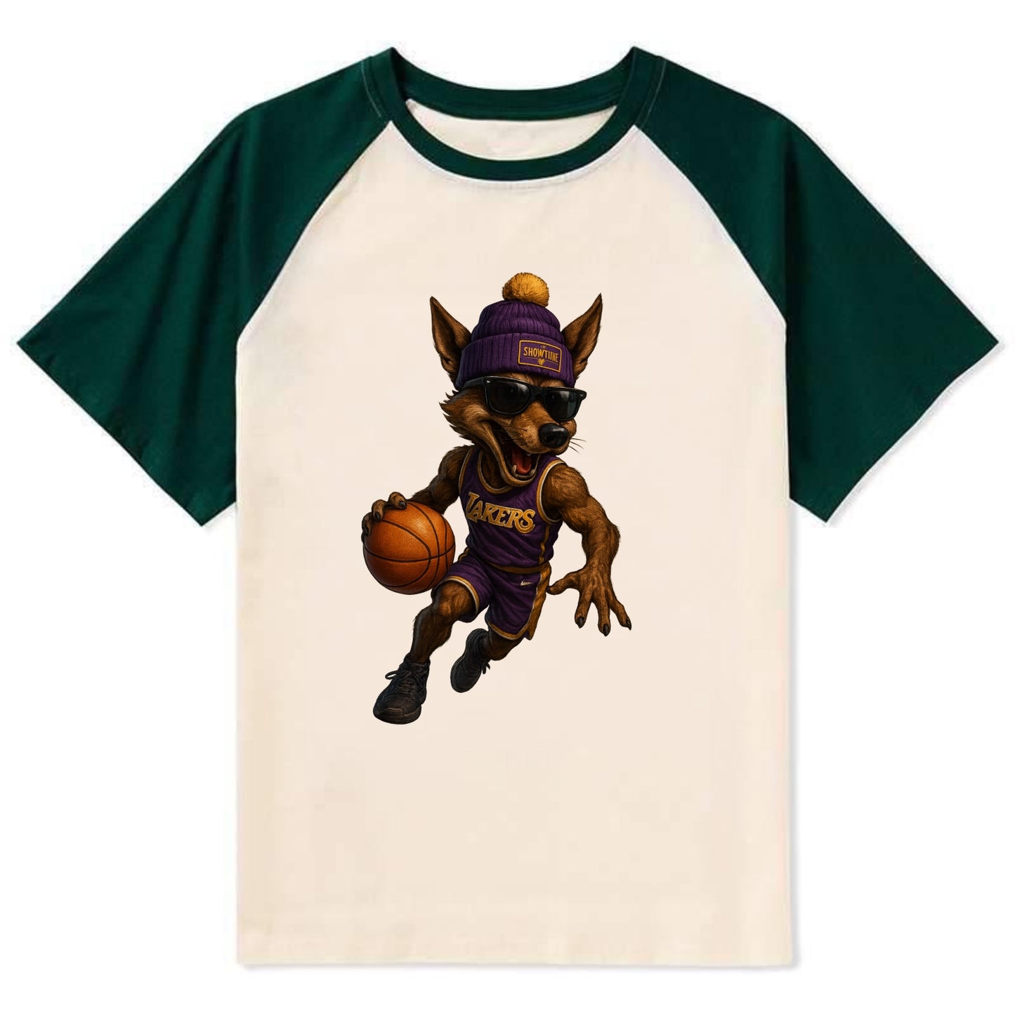 Hollywood Coyote wearing Lakers beanie with Showtime patch and wayfarer - Contrast Raglan T-shirt - Green