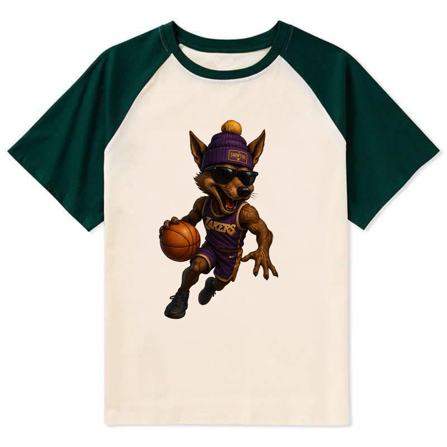 Hollywood Coyote wearing Lakers beanie with Showtime patch and wayfarer - Contrast Raglan T-shirt - Green