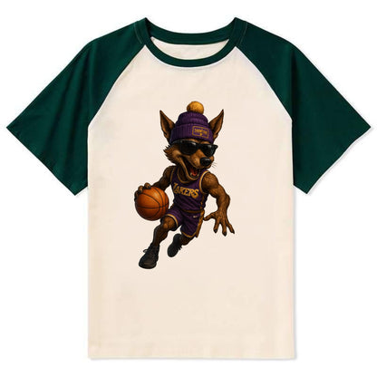 Hollywood Coyote wearing Lakers beanie with Showtime patch and wayfarer - Contrast Raglan T-shirt - Green