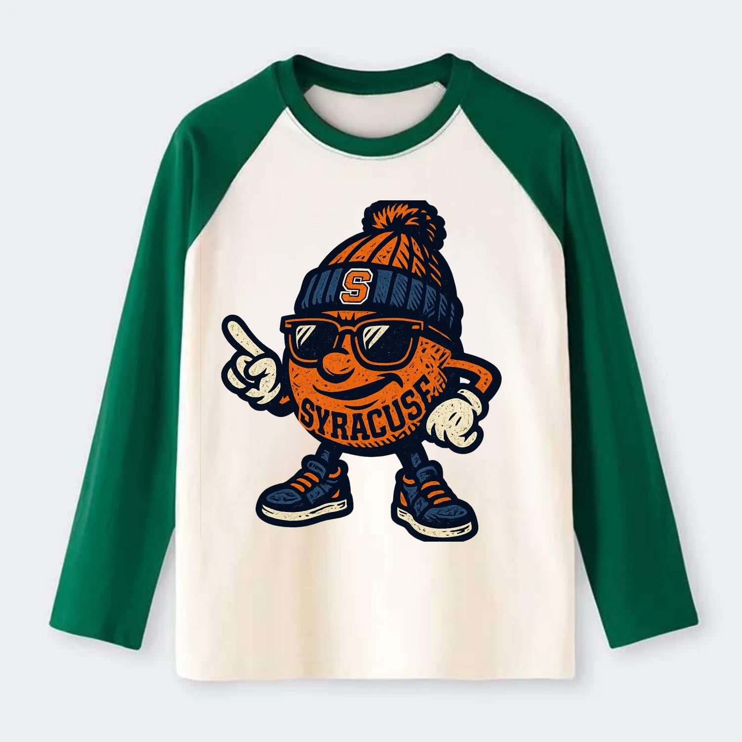 Syracuse Orange wearing Syracuse beanie with S patch - Raglan Long Sleeve T-Shirt - Green