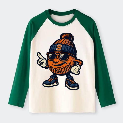 Syracuse Orange wearing Syracuse beanie with S patch - Raglan Long Sleeve T-Shirt