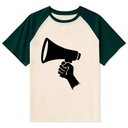 Megaphone silhouette - voice and protest ink brushwork - Contrast Raglan T-shirt - Green