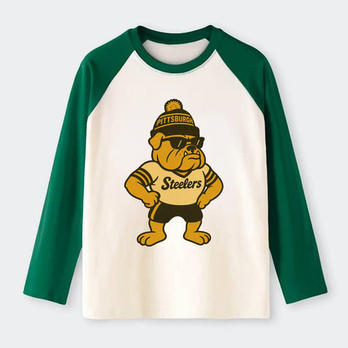 Pittsburgh Bulldog wearing Steelers black and gold beanie with pom pom - Raglan Long Sleeve T-Shirt