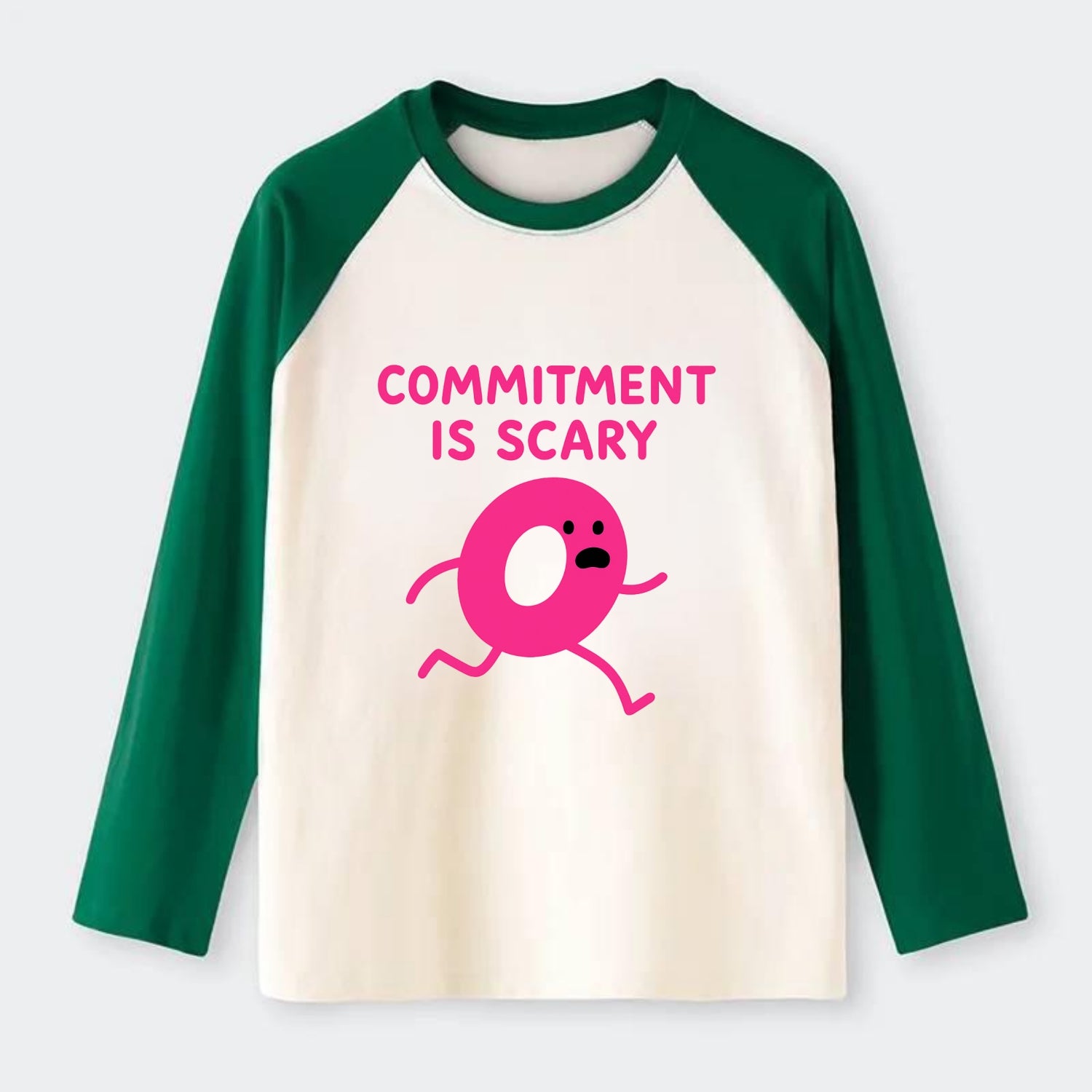 COMMITMENT IS SCARY | Terrified ring running away - Raglan Long Sleeve T-Shirt - Green