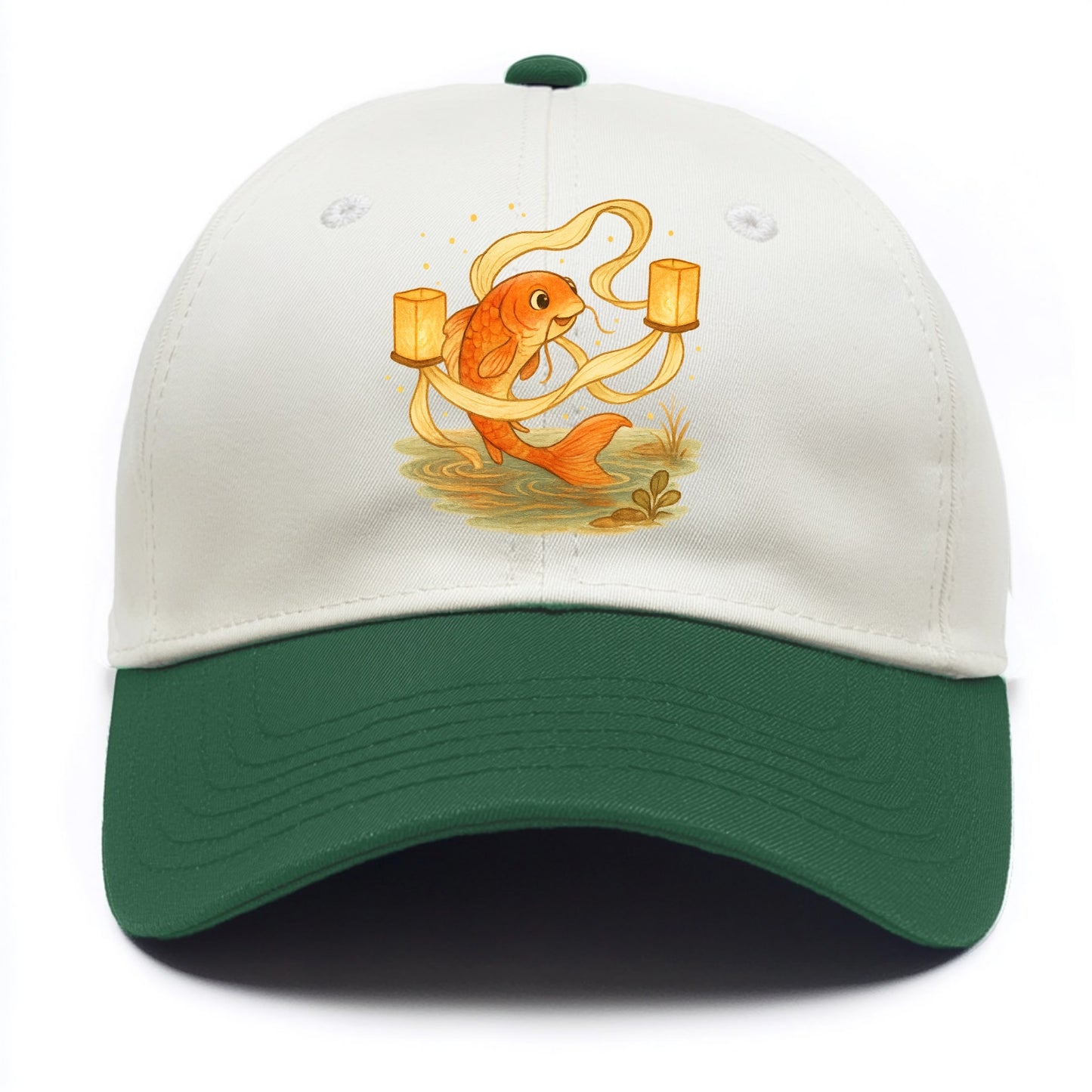 Koi weaving silk streamers through floating lanterns on tranquil water - Two Tone Cap - Green