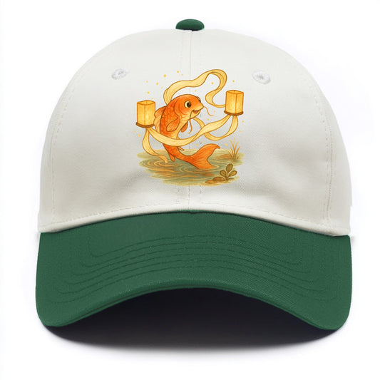 Koi weaving silk streamers through floating lanterns on tranquil water - Two Tone Cap - Green
