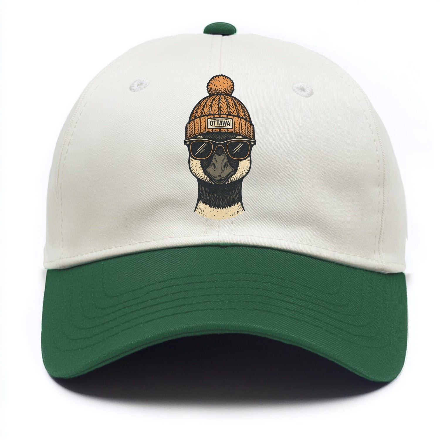 Ottawa Canadian Goose wearing Ottawa beanie with pom pom and wayfarer sunglasses - Two Tone Cap - Green