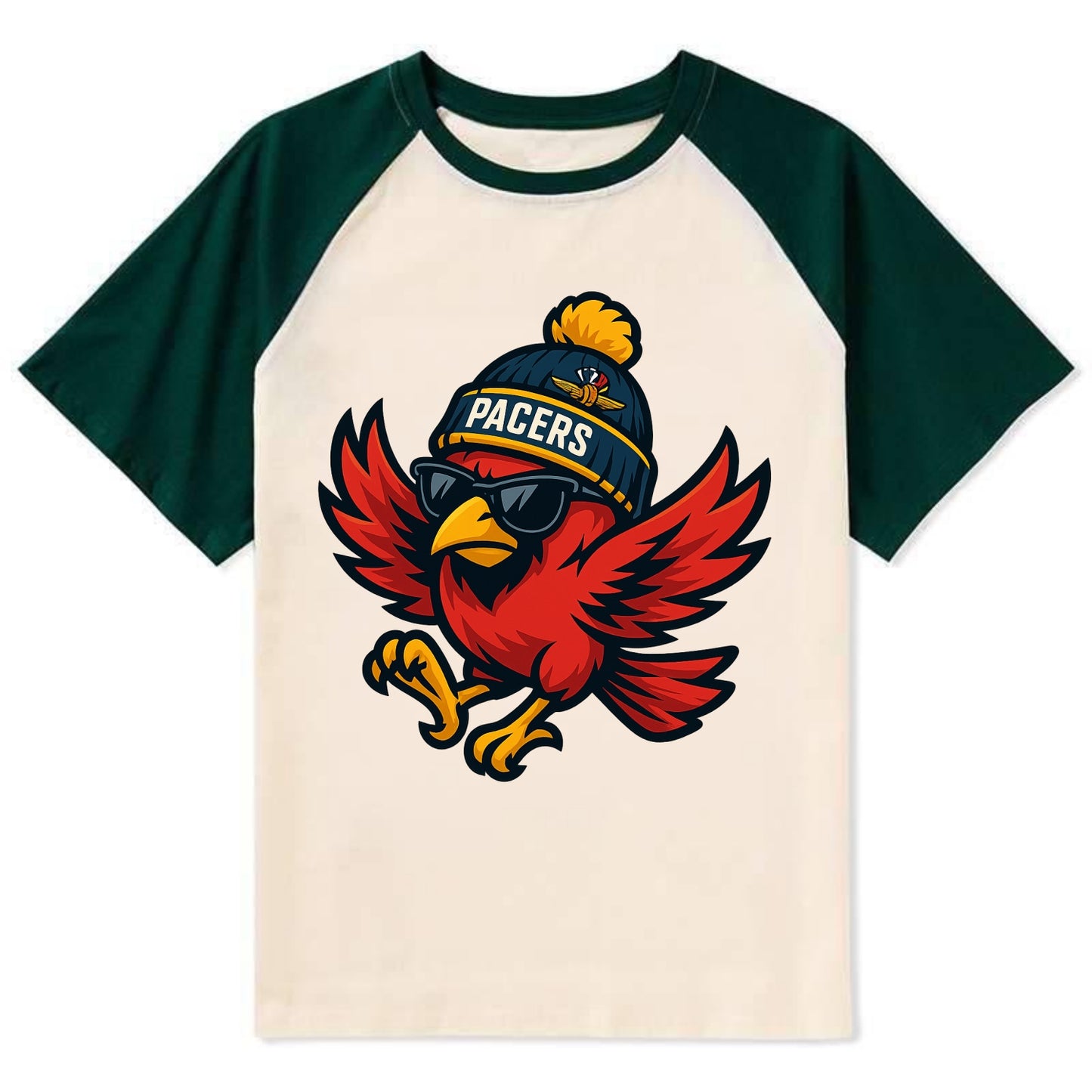 Indiana Cardinal wearing Pacers beanie with speedway patch and wayfarer - Contrast Raglan T-shirt - Green