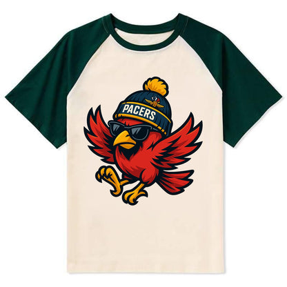 Indiana Cardinal wearing Pacers beanie with speedway patch and wayfarer - Contrast Raglan T-shirt - Green