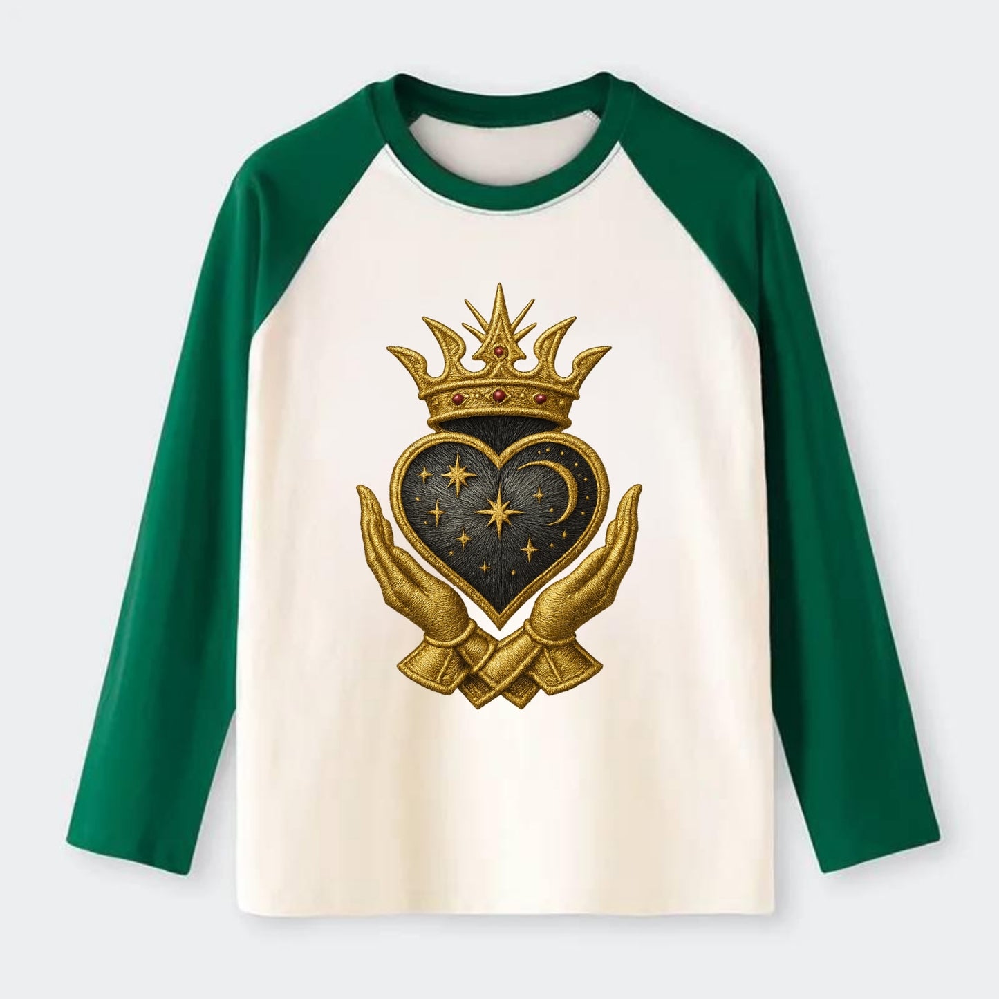 Hammered bronze warrior crown anchoring a dark steel heart with - Raglan Long Sleeve T-Shirt - Green