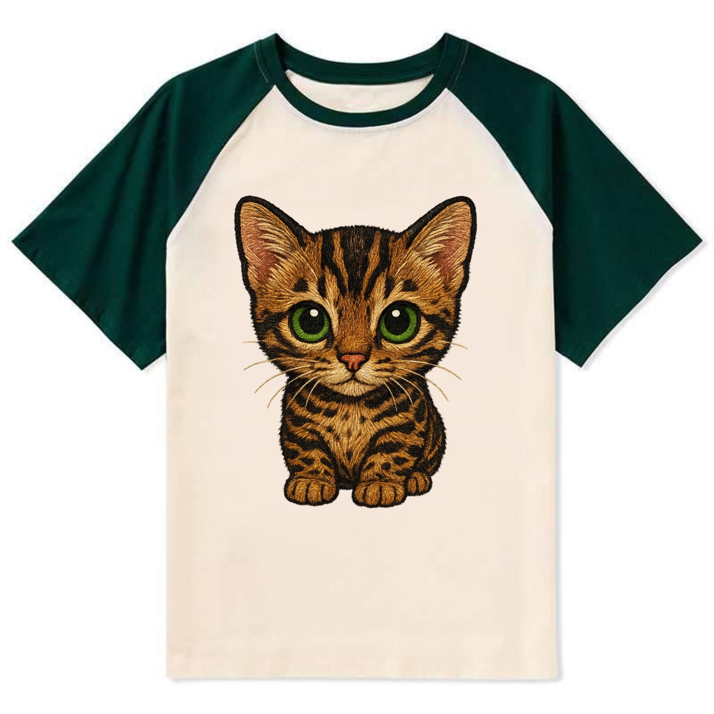 Baby Bengal Kitten - spotted/marbled wild coat, green eyes, athletic - Contrast Raglan T-shirt - Green