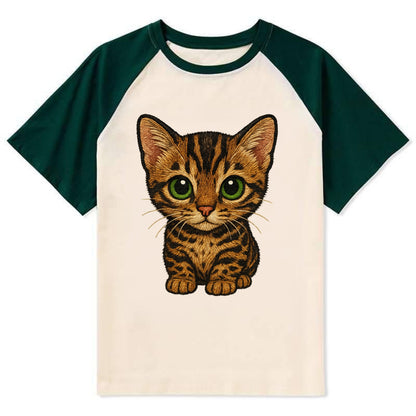 Baby Bengal Kitten - spotted/marbled wild coat, green eyes, athletic - Contrast Raglan T-shirt - Green
