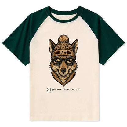 LA Coyote wearing Hollywood beanie with pom pom and wayfarer sunglasses - Contrast Raglan T-shirt - Green