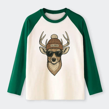 Ohio White-tailed Deer wearing Columbus beanie with pom pom and - Raglan Long Sleeve T-Shirt - Green