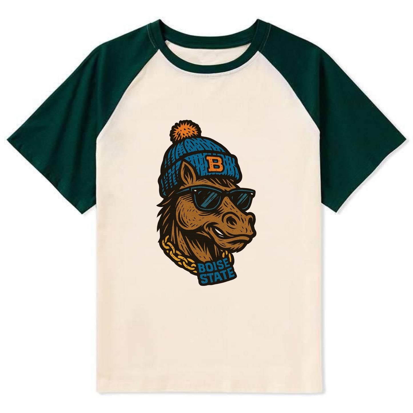 Boise Bronco wearing Boise State beanie with B patch - Contrast Raglan T-shirt - Green
