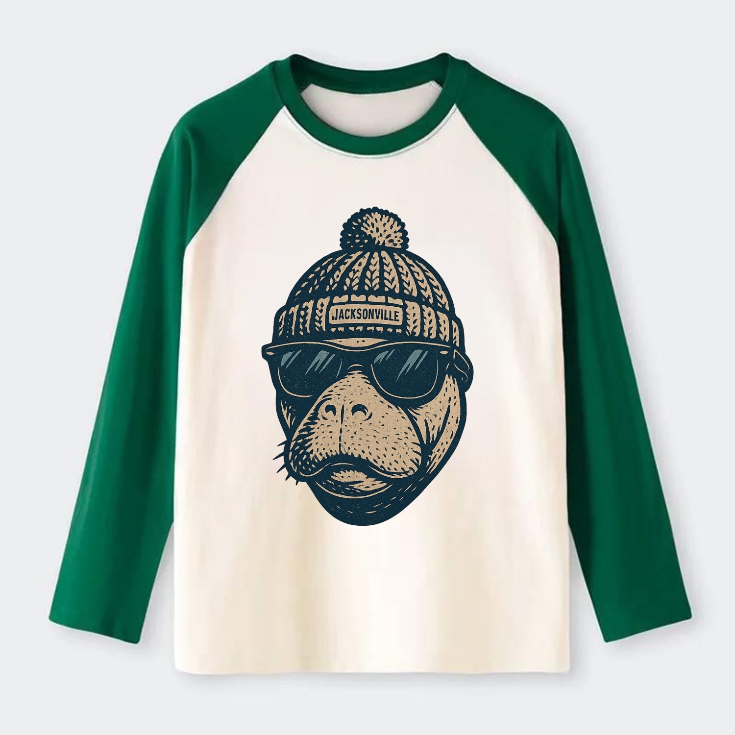 Jacksonville Manatee wearing Jacksonville beanie with pom pom and - Raglan Long Sleeve T-Shirt - Green