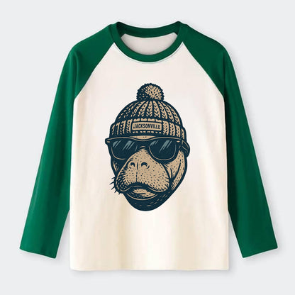 Jacksonville Manatee wearing Jacksonville beanie with pom pom and - Raglan Long Sleeve T-Shirt - Green