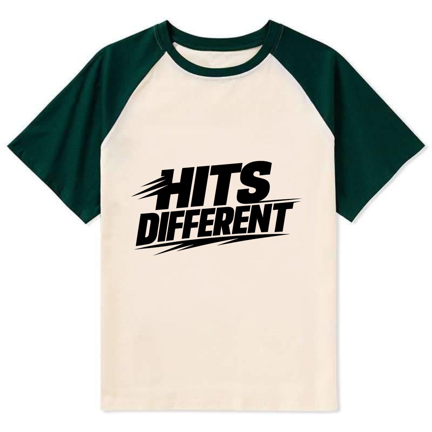 Bold typography design - "HITS DIFFERENT" - uniquely special, stands out - Contrast Raglan T-shirt - Green