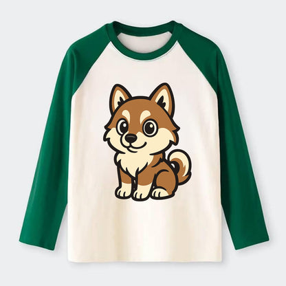 Pomsky - Pomeranian-Husky mix sitting pose - Raglan Long Sleeve T-Shirt - Green