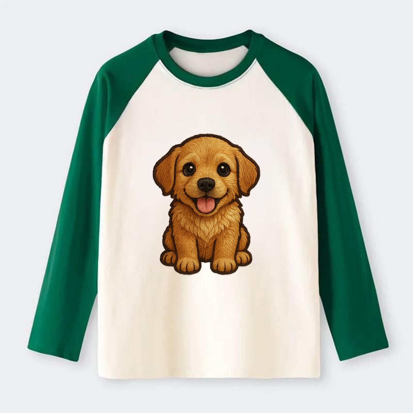 Baby Golden Retriever Puppy - fluffy golden fur, big brown eyes, pink - Raglan Long Sleeve T-Shirt - Green