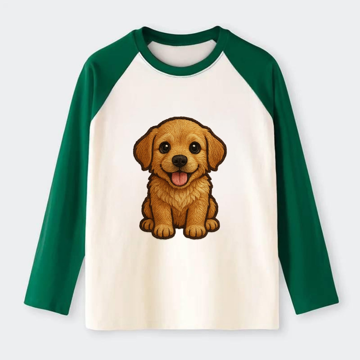 Baby Golden Retriever Puppy - fluffy golden fur, big brown eyes, pink - Raglan Long Sleeve T-Shirt - Green