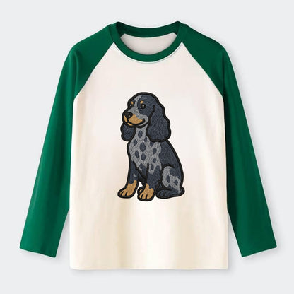 English Cocker Spaniel - Blue roan embroidered sitting pose - Raglan Long Sleeve T-Shirt - Green