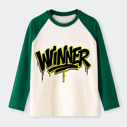 Bold typography design - "WINNER" - victorious mindset, champion - Raglan Long Sleeve T-Shirt - Green