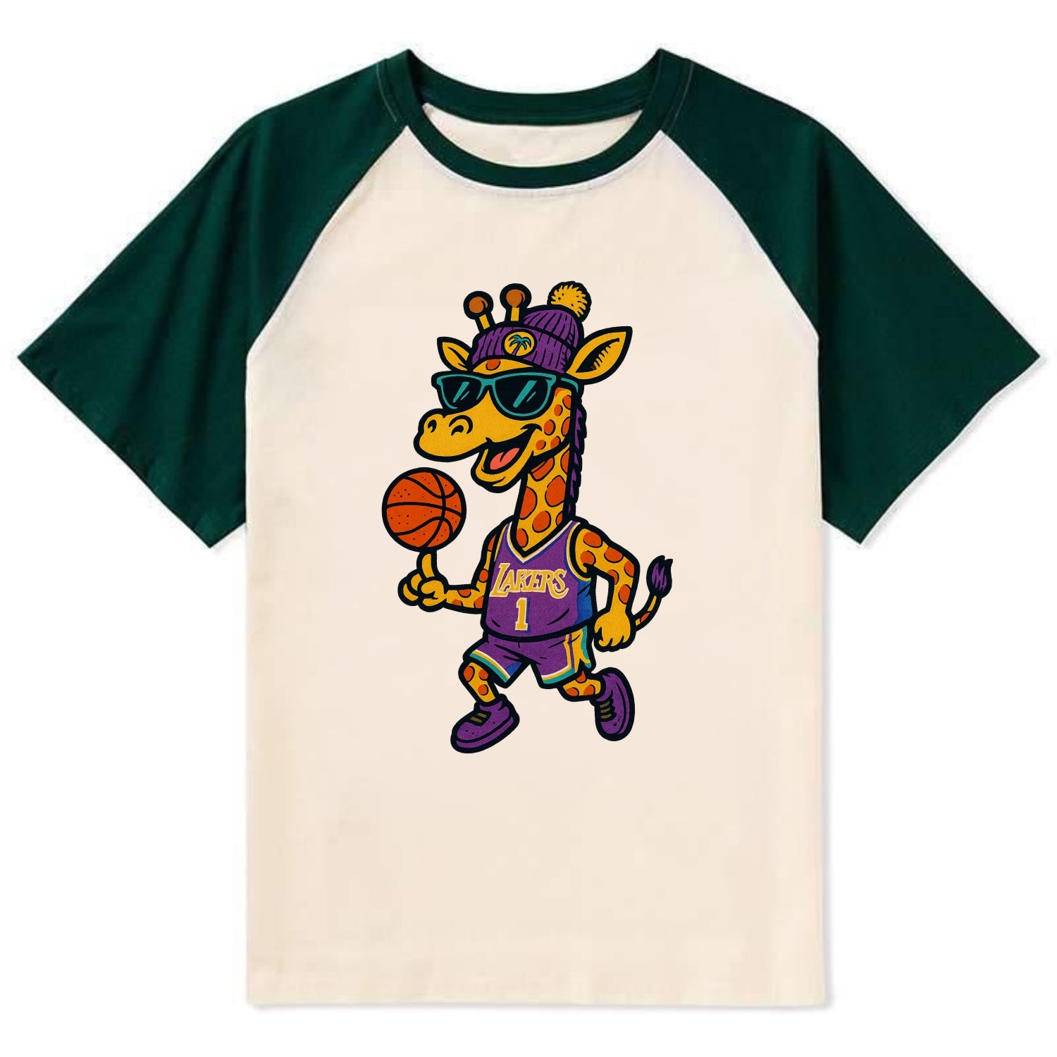 California Giraffe wearing Lakers beanie with palm tree patch and - Contrast Raglan T-shirt - Green