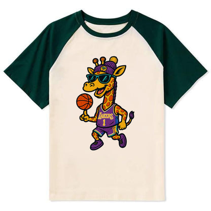 California Giraffe wearing Lakers beanie with palm tree patch and - Contrast Raglan T-shirt - Green