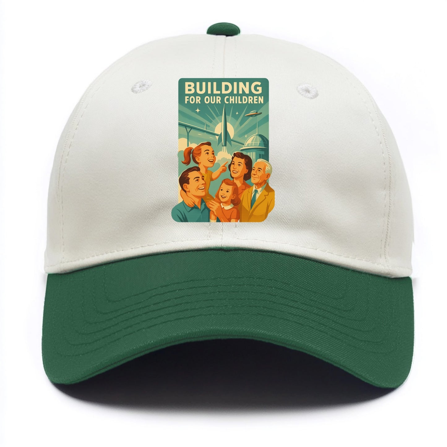 Multiple generations celebrating progress together - "Building for Our Children" - - Two Tone Cap - Green