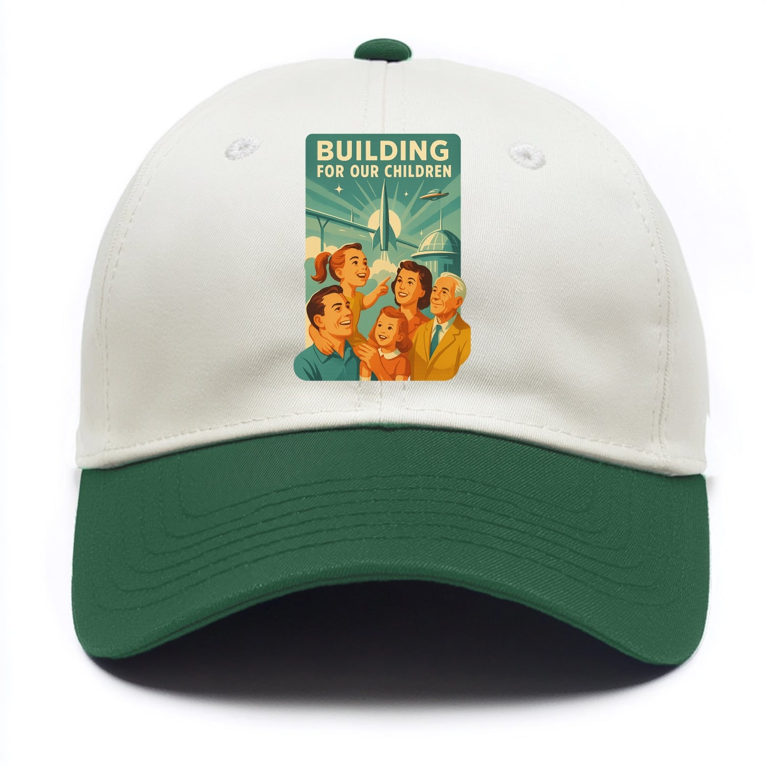 Multiple generations celebrating progress together - "Building for Our Children" - - Two Tone Cap - Green