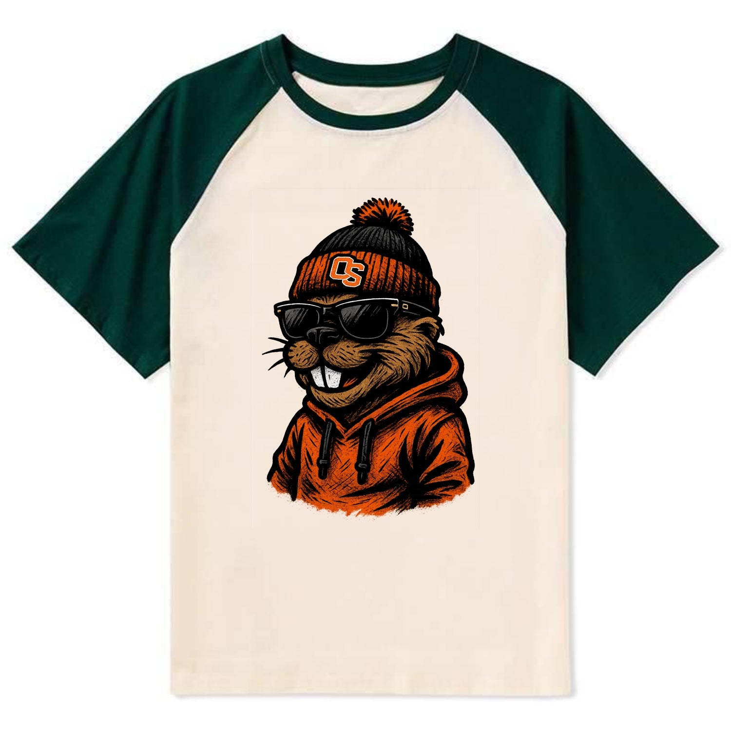 Corvallis Beaver wearing Oregon State beanie with OS patch - Contrast Raglan T-shirt - Green