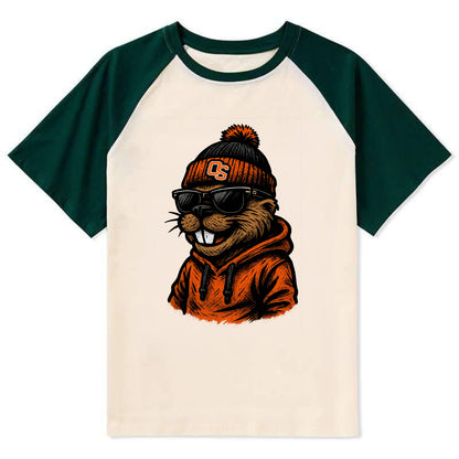 Corvallis Beaver wearing Oregon State beanie with OS patch - Contrast Raglan T-shirt - Green