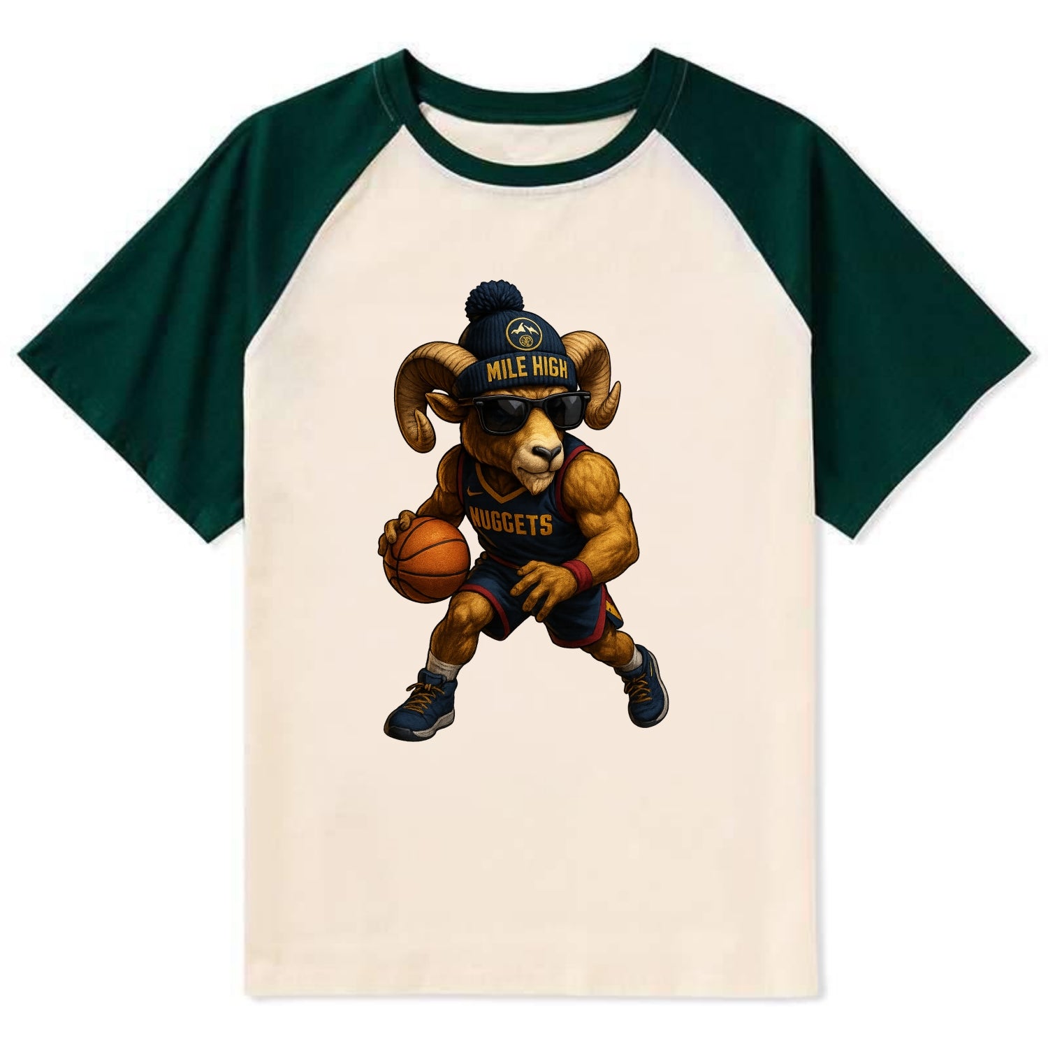 Mile High Bighorn wearing Nuggets beanie with mountain patch and wayfarer - Contrast Raglan T-shirt - Green