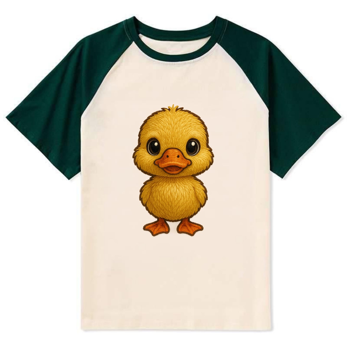 Baby Duck Duckling - yellow fluffy, orange beak, bright eyes, - Contrast Raglan T-shirt - Green
