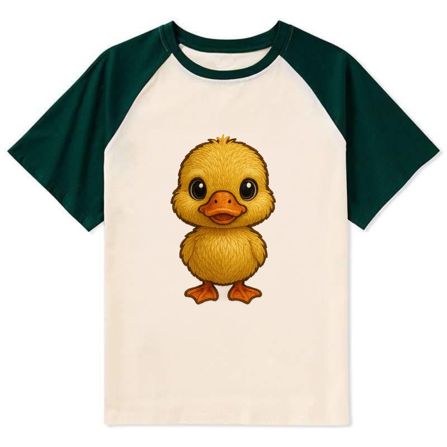 Baby Duck Duckling - yellow fluffy, orange beak, bright eyes, - Contrast Raglan T-shirt - Green