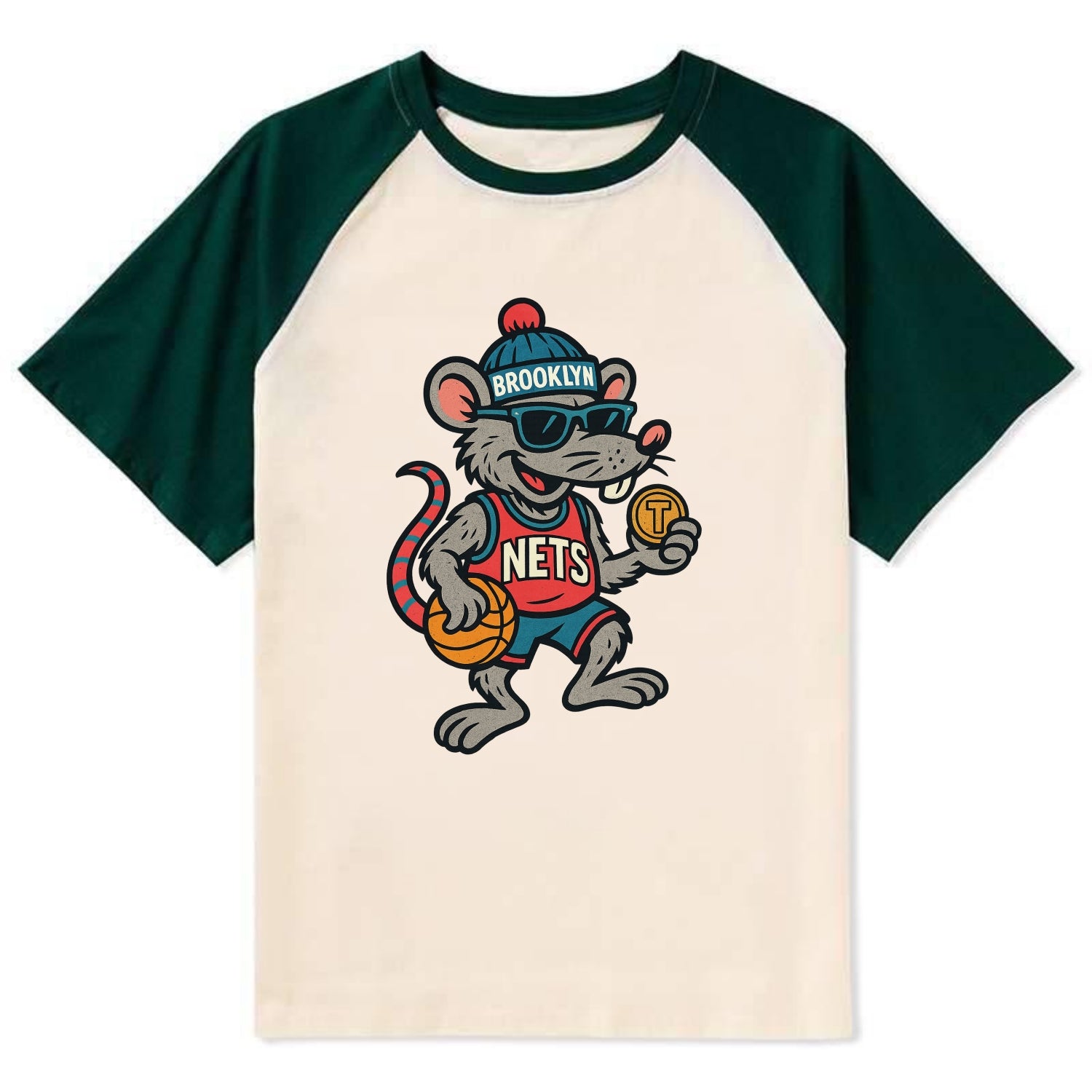 Brooklyn Rat wearing Nets beanie with subway token and wayfarer sunglasses - Contrast Raglan T-shirt - Green