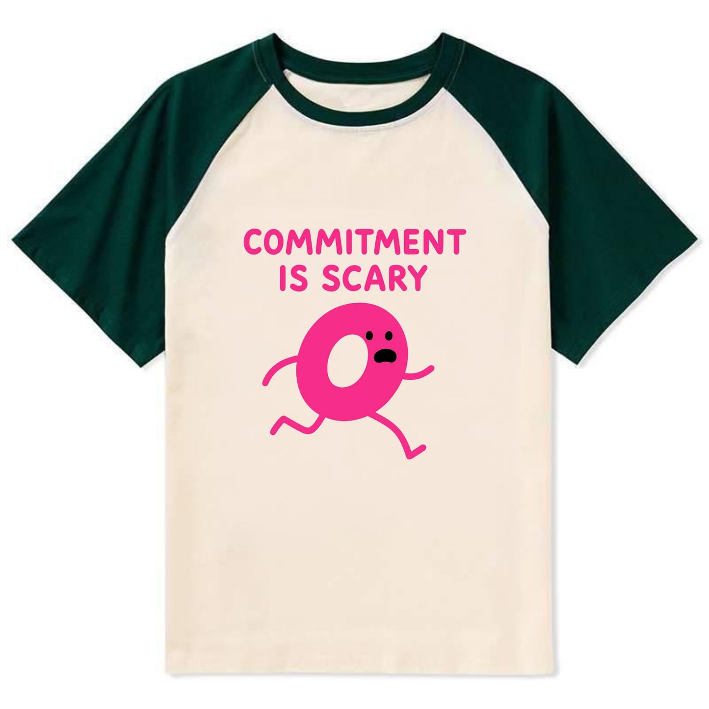 COMMITMENT IS SCARY | Terrified ring running away - Contrast Raglan T-shirt - Green