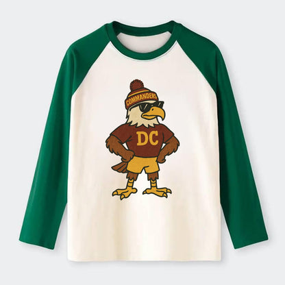 DC Eagle wearing Commanders burgundy and gold beanie with pom pom and - Raglan Long Sleeve T-Shirt - Green