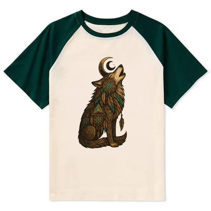 Celestial Moon Wolf  - Contrast Raglan T-shirt - Green