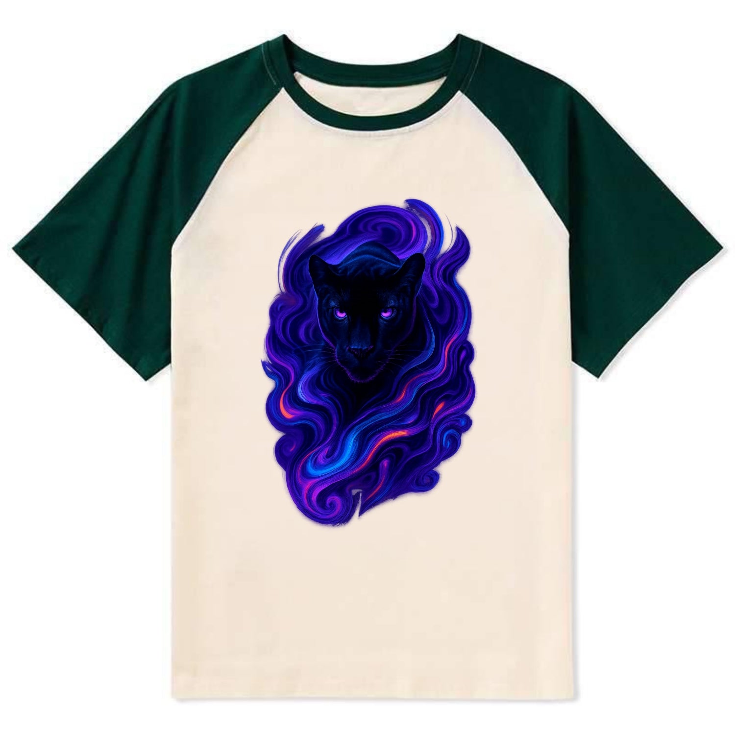 Sleek black panther emerging from swirls of deep purple and electric - Contrast Raglan T-shirt - Green