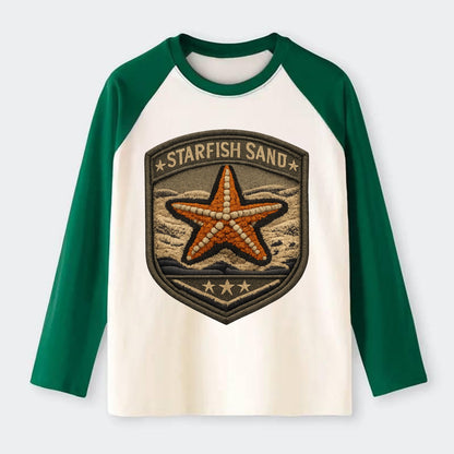 STARFISH SAND - sea star in orange and tan , beachcomber - Raglan Long Sleeve T-Shirt - Green