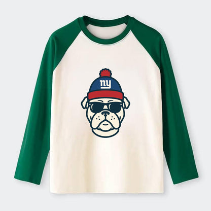 New York Bulldog wearing Giants blue and red beanie with pom pom and - Raglan Long Sleeve T-Shirt - Green
