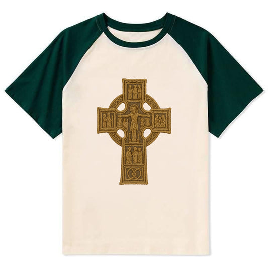 Monasterboice Cross - Contrast Raglan T-shirt - Green