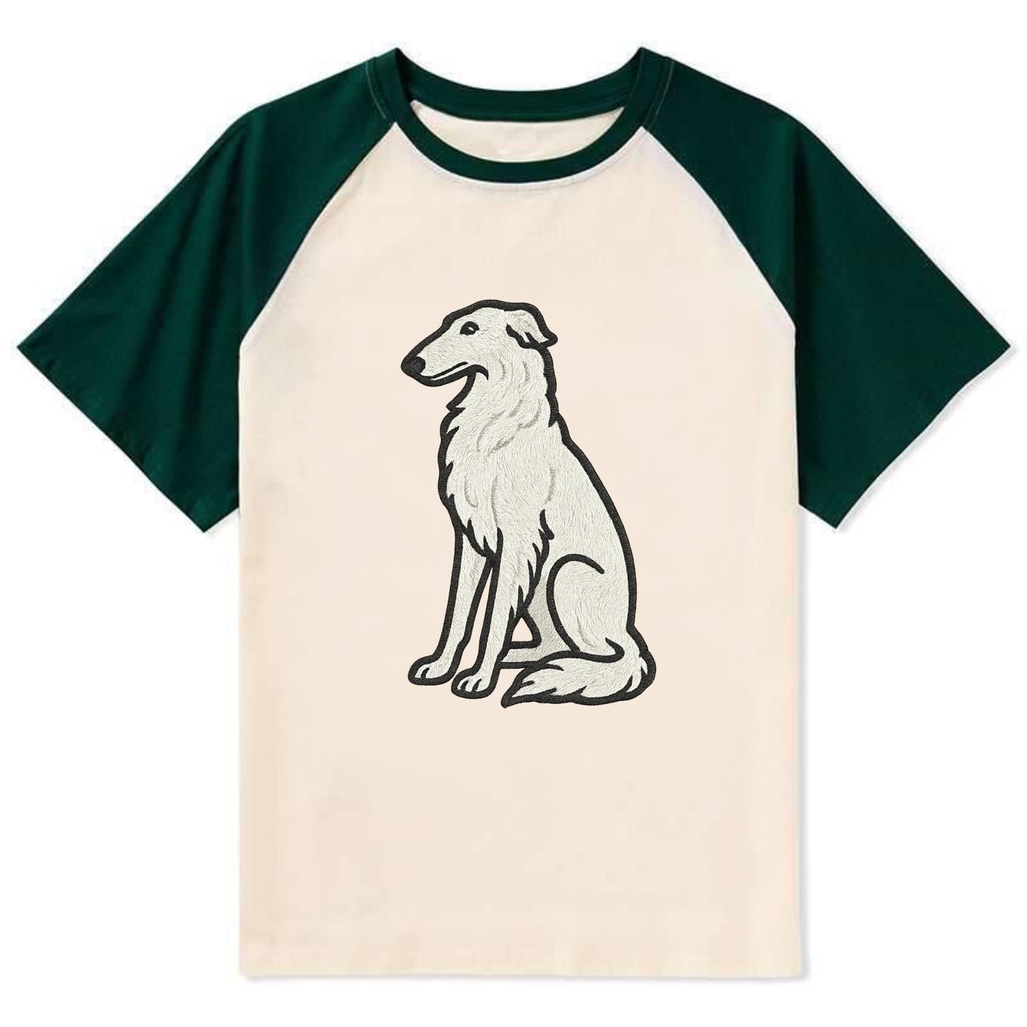 Borzoi - White embroidered sitting pose - Contrast Raglan T-shirt - Green