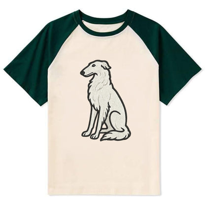 Borzoi - White embroidered sitting pose - Contrast Raglan T-shirt - Green