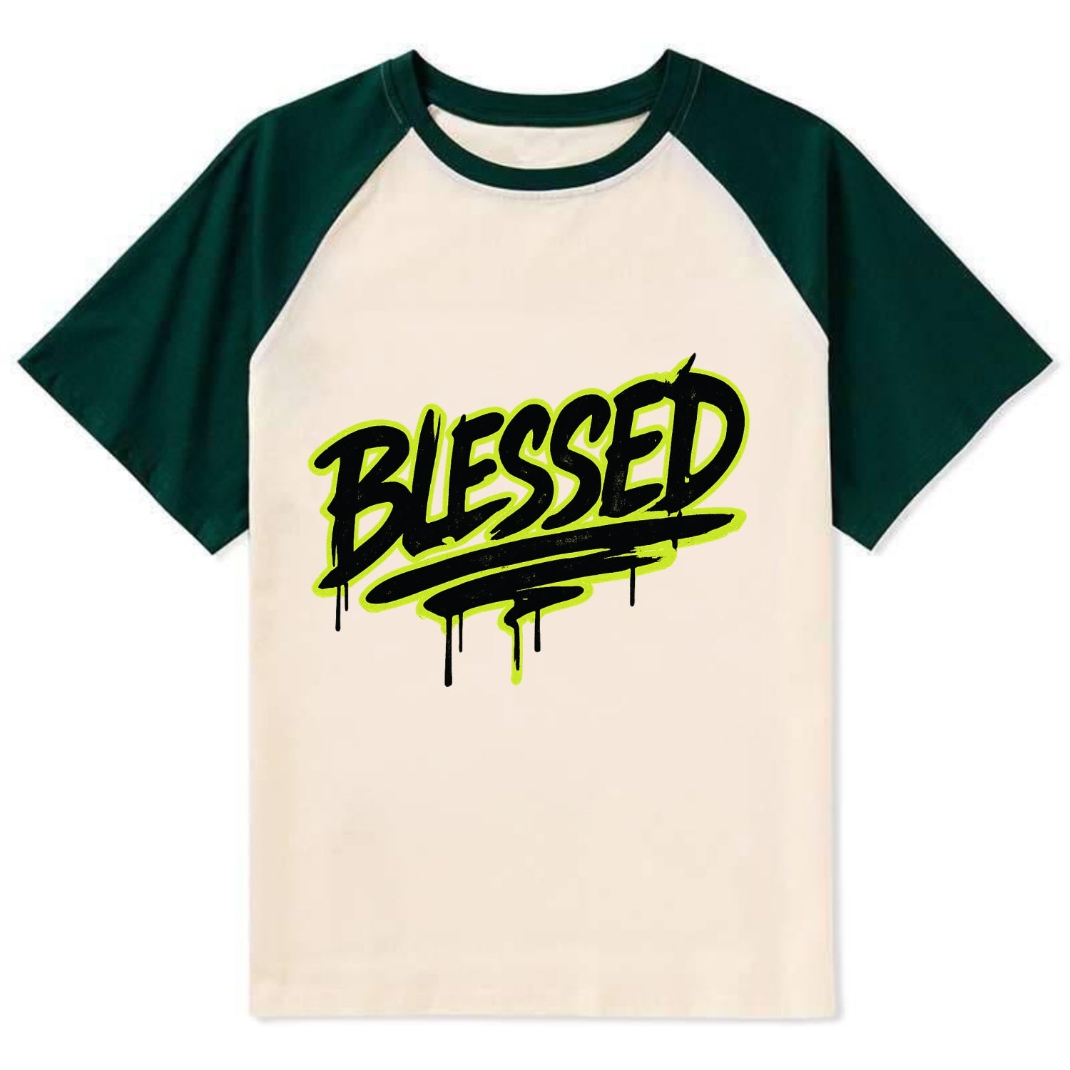 Bold typography design - "BLESSED" - recognizing good fortune, abundance - Contrast Raglan T-shirt - Green